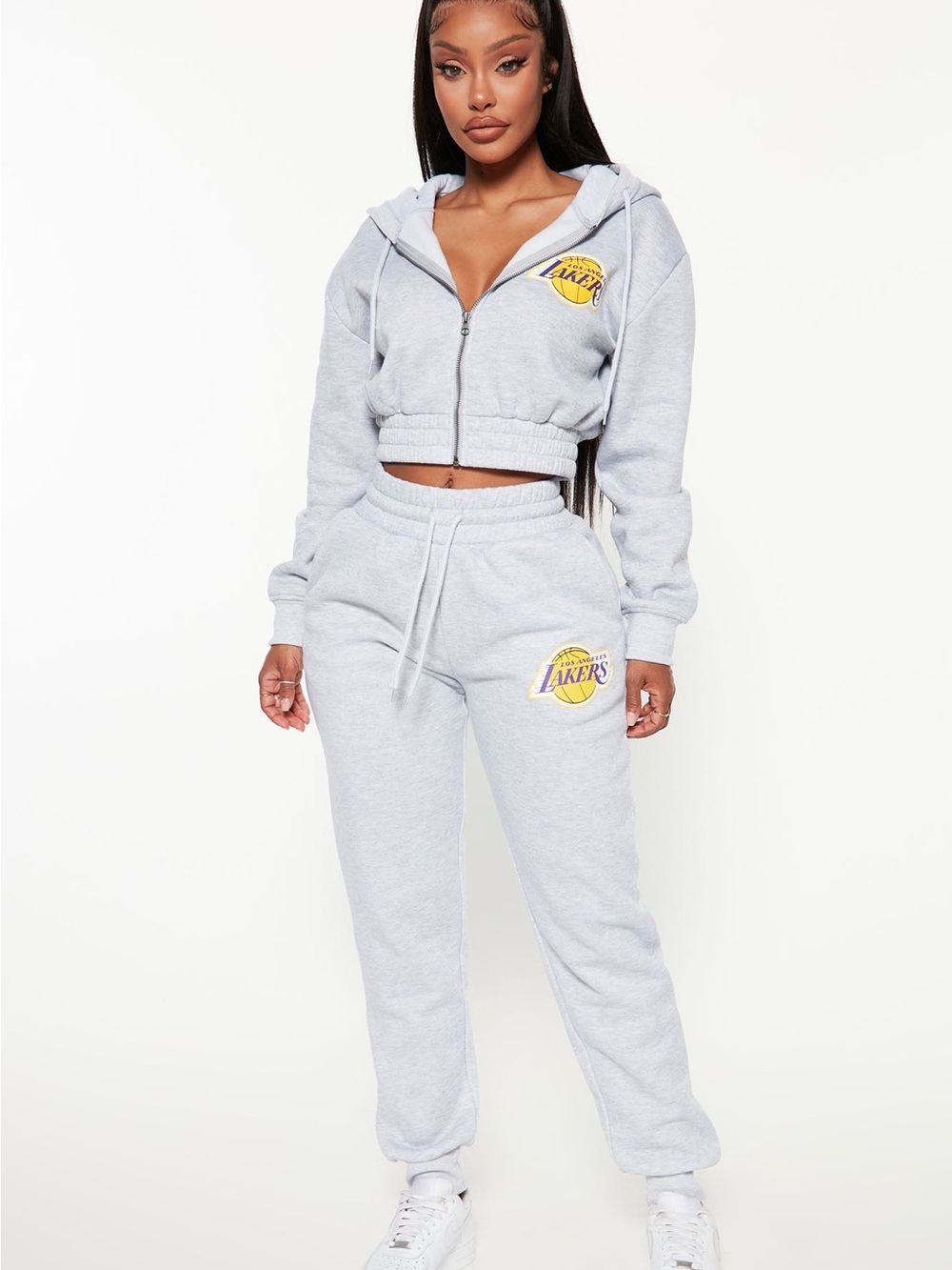 Fashion Nova Lakers Cropped Zip Hoodie & Joggers Set - Light Gray